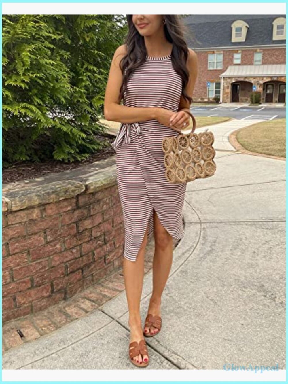 Sleeveless Striped Ruched Bodycon Midi Dress Tie Waist Summer Casual - Picture 6 of 7